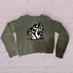 No Boundaries Forest Green Sweater with Mushroom Design